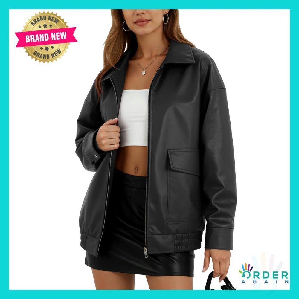 Oversized Faux Leather Motorcycle Jacket Y2K Chic Boxy Fit Double Pockets